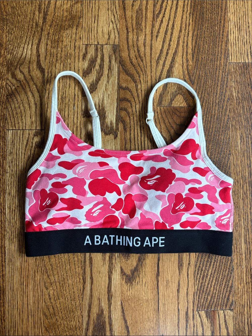 NWOT A Bathing Ape pink and red ABC camo performance sports bra, size S.